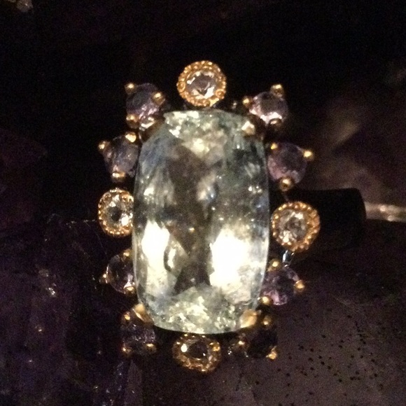 Atlanta Gem & Mineral Show Jewelry - Rare Genuine 16mm by 10mm Aquamarine, Tanzanite & Topaz Ring